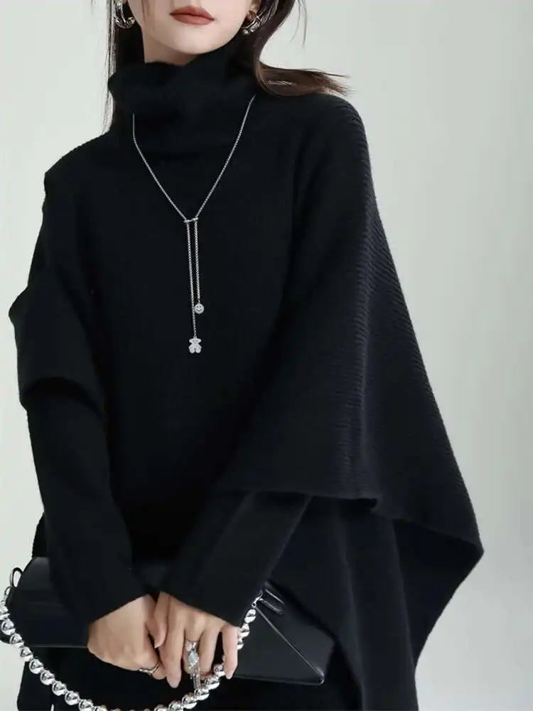 Women Gray Irregular Design Knitting Dress New Turtleneck Long Sleeve Loose Fit Fashion Tide Spring Autumn 2025 1DF2618