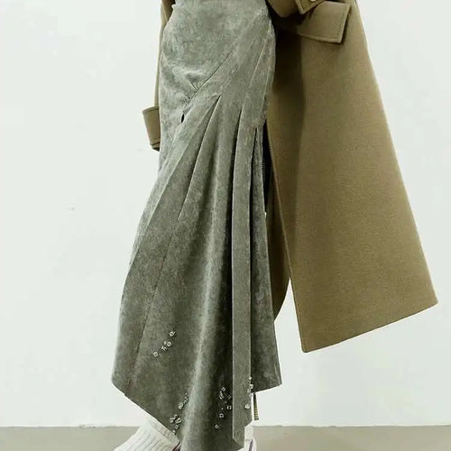 Load image into Gallery viewer, High Waist Gray Green Rhinestones Irregular Elegant Half-body Skirt Women Fashion Tide New Spring Autumn 2025 1DH8207
