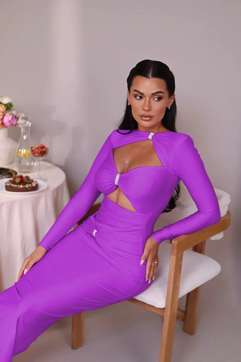Elegant Hollow Out Long Sleeve Sexy Maxi Dress For Women Solid Color Slim Fit Cut Out Club Party Long Dress New
