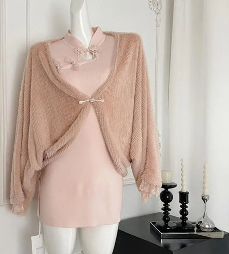 New Chinese Style 2024 Women's Autumn Winter Loose Cardigan Shawl Coat And Long Sleeved Knitted Short Dress Two Piece Set Trendy