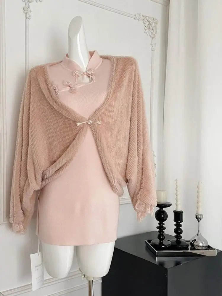 New Chinese Style 2024 Women's Autumn Winter Loose Cardigan Shawl Coat And Long Sleeved Knitted Short Dress Two Piece Set Trendy