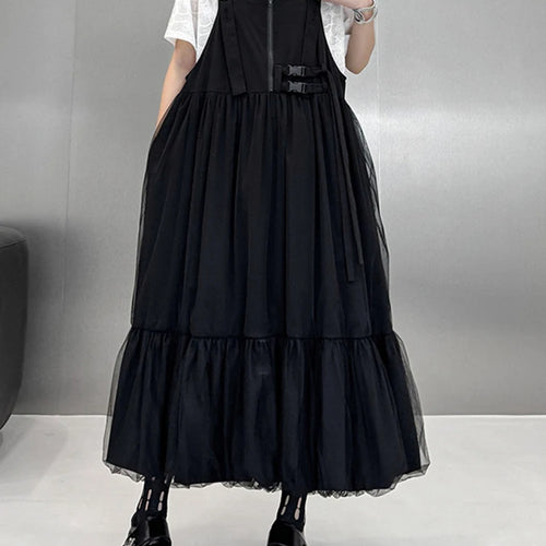 Load image into Gallery viewer, Women Black Buckle Mesh Big Size Midi Strap Dress New Square Collar Sleeveless Fashion Tide Spring Autumn 2025 1DJ1426
