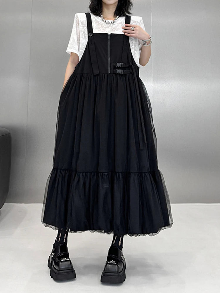 Women Black Buckle Mesh Big Size Midi Strap Dress New Square Collar Sleeveless Fashion Tide Spring Autumn 2025 1DJ1426