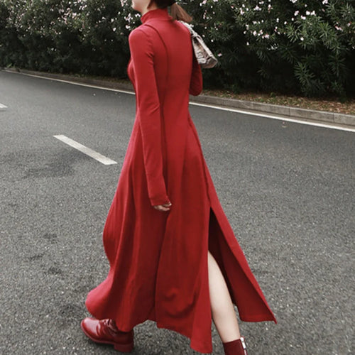 Load image into Gallery viewer, Women Red Hem Slit Long Irregular Dress New Turtleneck Long Sleeve Loose Fit Fashion Tide Spring Autumn 2025 1DF4817
