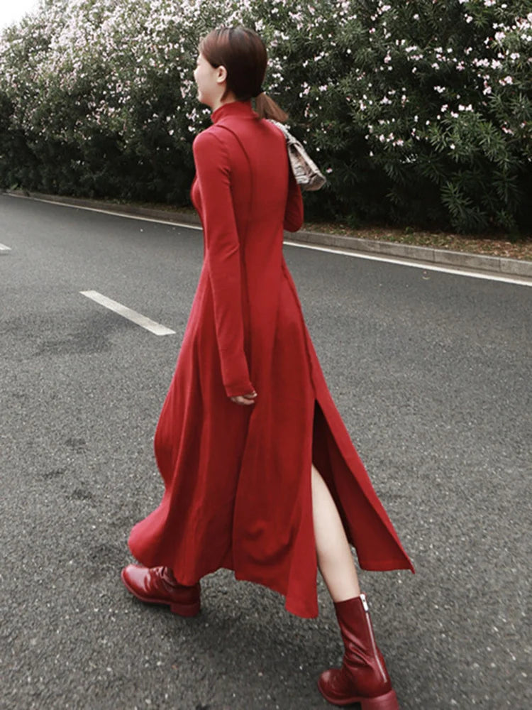 Women Red Hem Slit Long Irregular Dress New Turtleneck Long Sleeve Loose Fit Fashion Tide Spring Autumn 2025 1DF4817