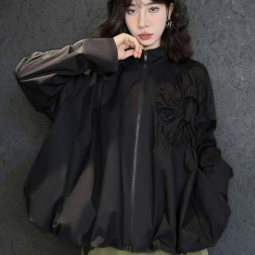 Load image into Gallery viewer, Loose Fit Black Pleated Big Size Jacket New Stand Collar Long Sleeve Women Coat Fashion Tide Spring Autumn 2025 1DH0794
