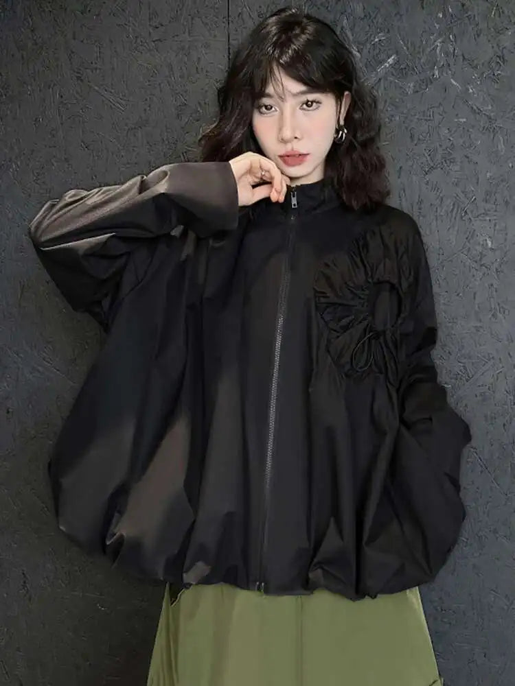 Loose Fit Black Pleated Big Size Jacket New Stand Collar Long Sleeve Women Coat Fashion Tide Spring Autumn 2025 1DH0794