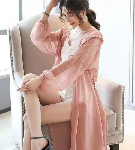 Summer Solid Shawl Cardigan Hooded Beach Shirts Women's Oversized Long Sleeve Cardigan Loose Sun Protection Bandage Blouses Top