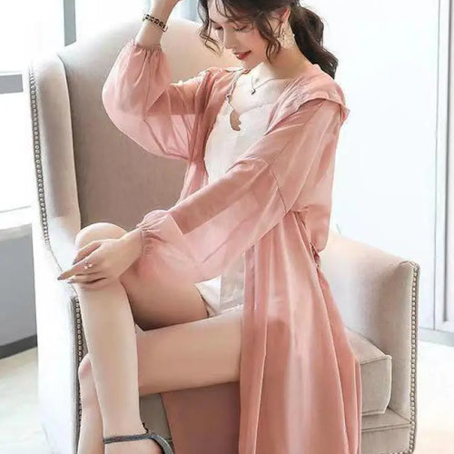 Load image into Gallery viewer, Summer Solid Shawl Cardigan Hooded Beach Shirts Women's Oversized Long Sleeve Cardigan Loose Sun Protection Bandage Blouses Top
