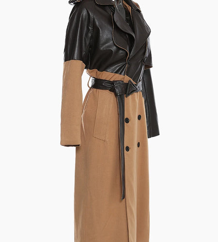 Women Khaki Pu Leather Big Size Long Trench New Lapel Long Sleeve Loose Fit Windbreaker Fashion Spring Autumn 2025 1DD0024