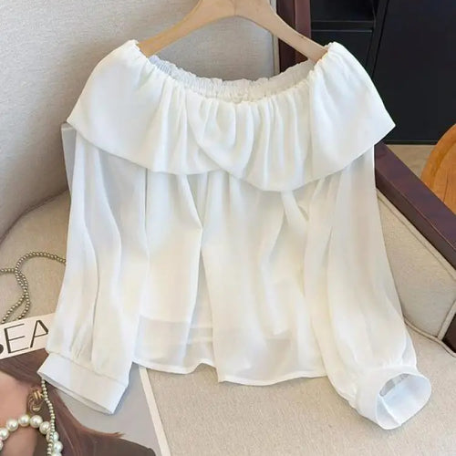 Load image into Gallery viewer, Spring Women White Off Shoulder Long Sleeve Blouse Retro French Blue Elegant Ruffle Edge Holiday Shirt Loose Short Top Versatile
