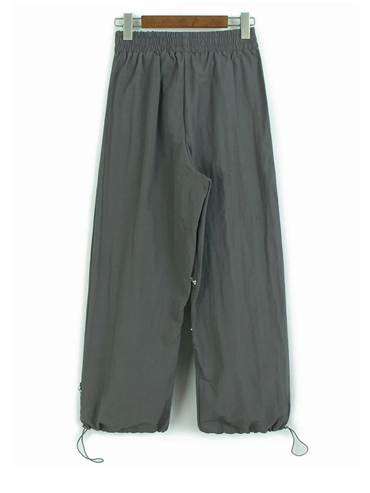 High Elastic Waist Apricot Rhinestones Zipper Wide Leg Pants New Trousers Women Fashion Tide Spring Autumn 2025 1DJ1192