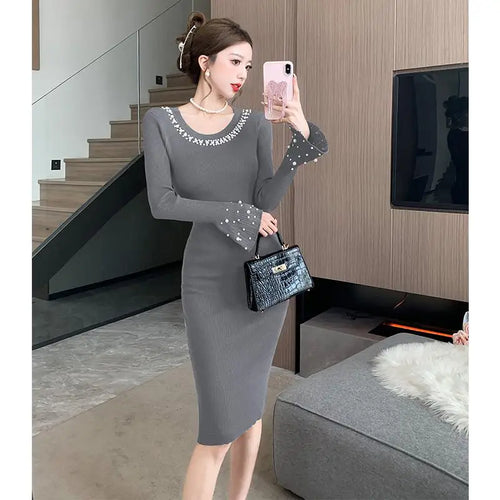Load image into Gallery viewer, Korean Solid Pearl Simple Round Neck Long Sleeved Knitting Dress Women Elegant Long Sleeve Office Dress Autumn Winter 2024 Trend
