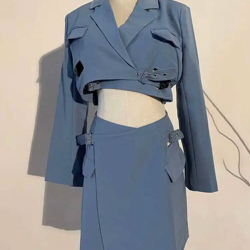 Load image into Gallery viewer, Women Blue Cross Buckle Hollow Out Blazer Dress New Lapel Long Sleeve Loose Fit Fashion Tide Spring Autumn 2025 1DE3323
