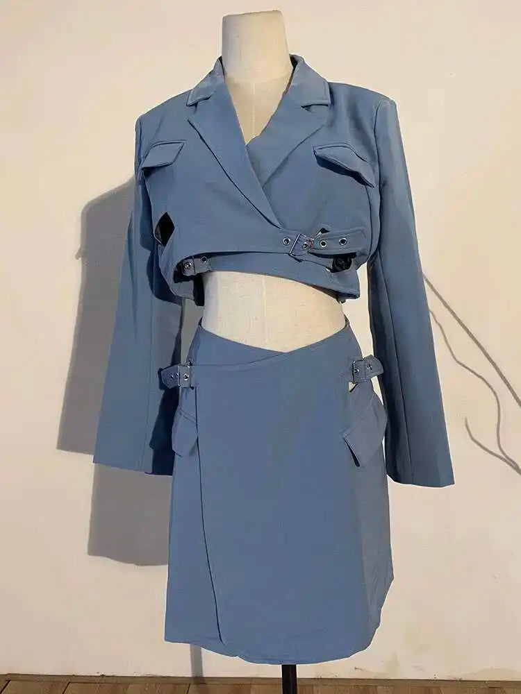 Women Blue Cross Buckle Hollow Out Blazer Dress New Lapel Long Sleeve Loose Fit Fashion Tide Spring Autumn 2025 1DE3323