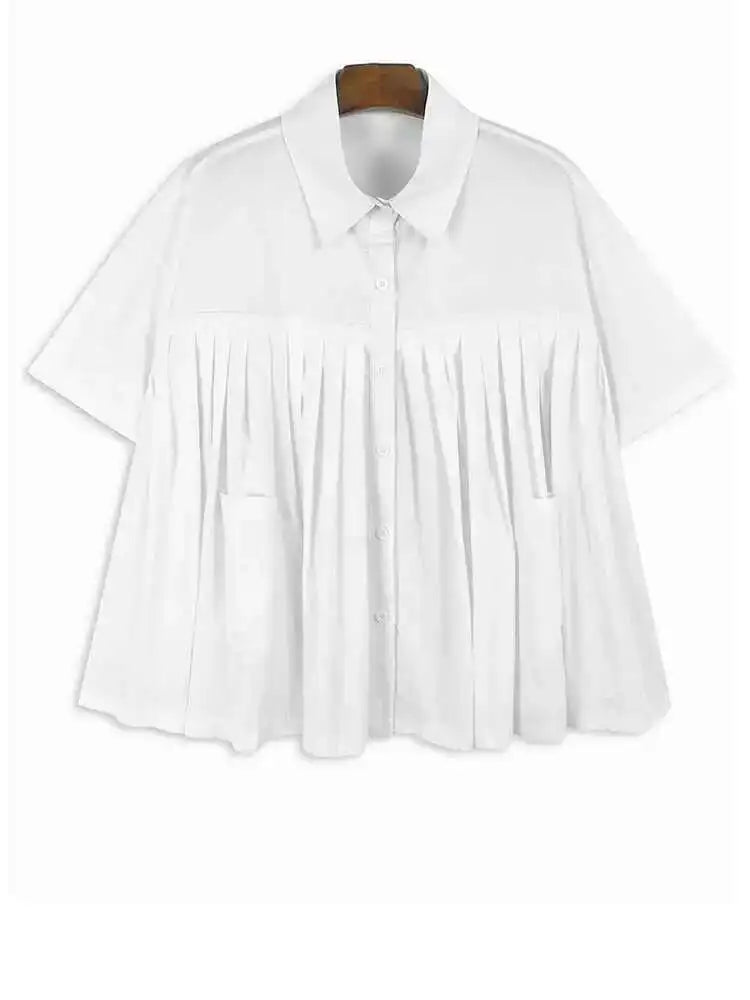 Women Black Dot Printed Pleated Big Size Blouse New Lapel Short Sleeve Shirt Fashion Tide Spring Summer 2025 1DH6763