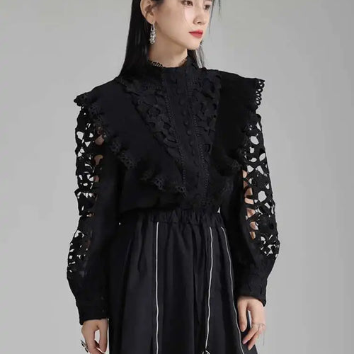 Load image into Gallery viewer, Women White Hollow Out Embroidery Vintage Blouse New Stand Collar Long Sleeve Shirt Fashion Spring Autumn 2025 1DH3997
