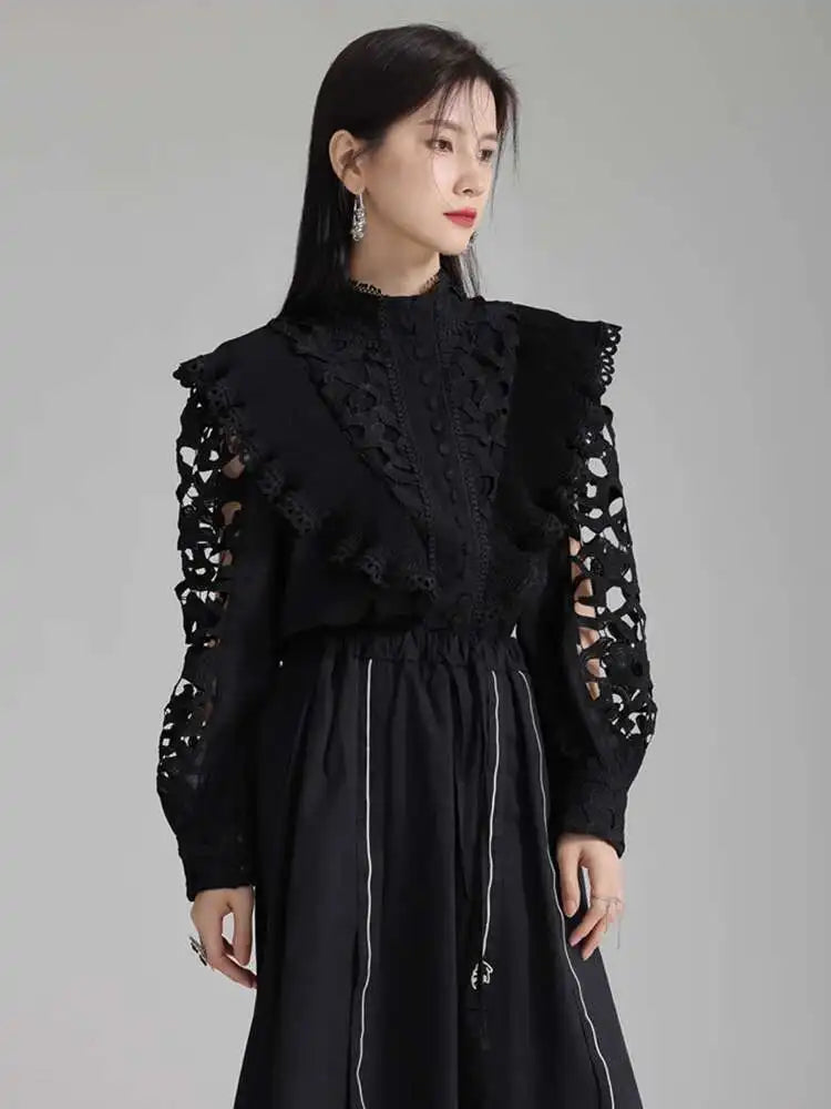 Women White Hollow Out Embroidery Vintage Blouse New Stand Collar Long Sleeve Shirt Fashion Spring Autumn 2025 1DH3997