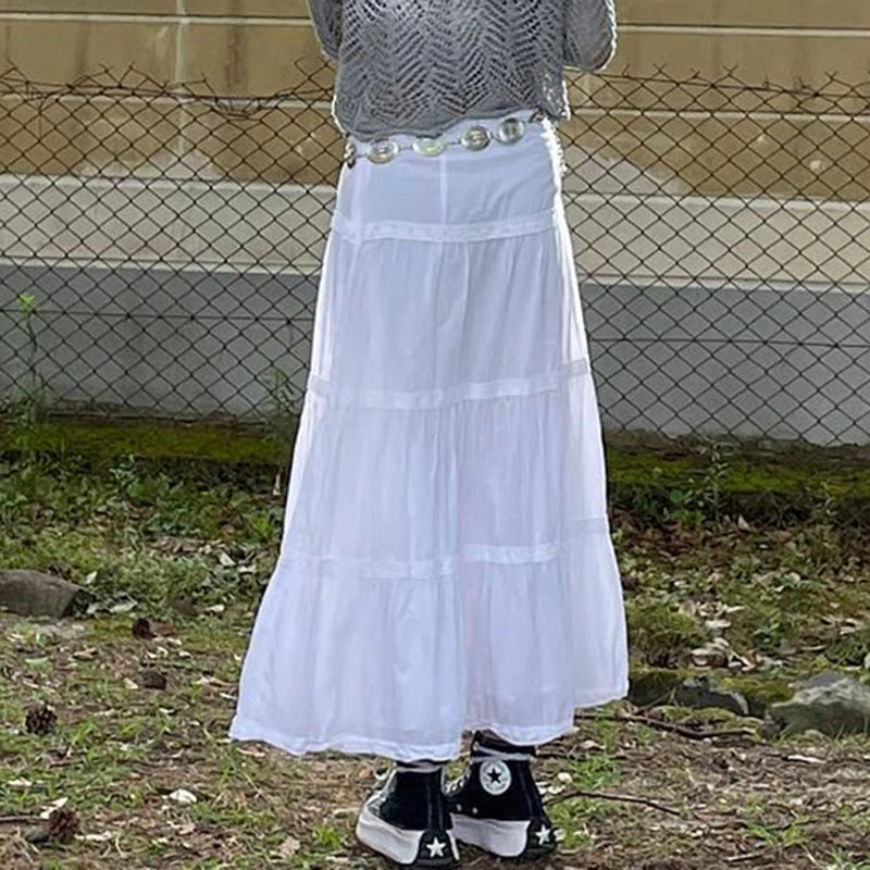 Boho Vacation White Maxi Skirt Lace Trim Stitched Fashion Chic A-Line Loose Y2K Aesthetic Women Skirts Long Clothing