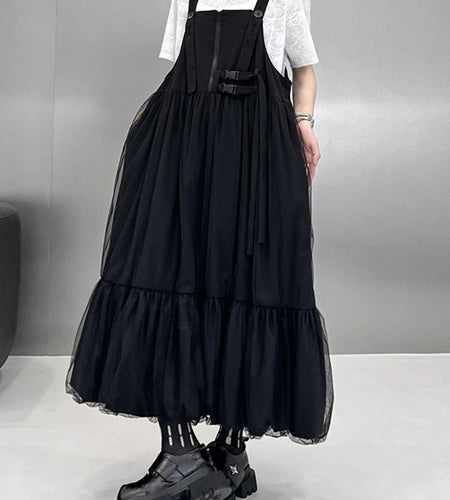 Women Black Buckle Mesh Big Size Midi Strap Dress New Square Collar Sleeveless Fashion Tide Spring Autumn 2025 1DJ1426