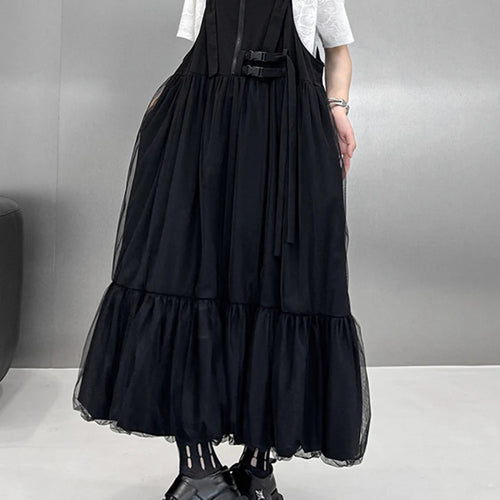 Load image into Gallery viewer, Women Black Buckle Mesh Big Size Midi Strap Dress New Square Collar Sleeveless Fashion Tide Spring Autumn 2025 1DJ1426
