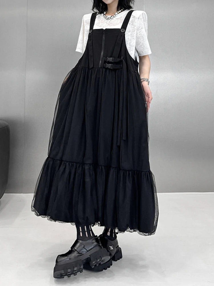 Women Black Buckle Mesh Big Size Midi Strap Dress New Square Collar Sleeveless Fashion Tide Spring Autumn 2025 1DJ1426