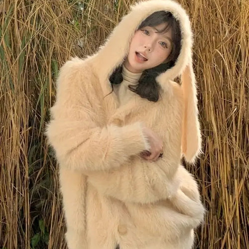 Load image into Gallery viewer, Harajuku Kawaii Fluffy Coat Y2k Aesthetic Fairy Grunge Jacket Warm Outwear Oversized Rabbit&#39;s Ears Hooded Cute Apricot Jackets

