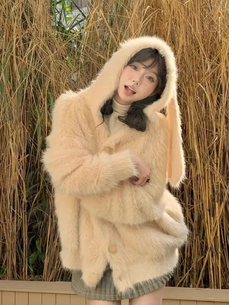 Harajuku Kawaii Fluffy Coat Y2k Aesthetic Fairy Grunge Jacket Warm Outwear Oversized Rabbit's Ears Hooded Cute Apricot Jackets