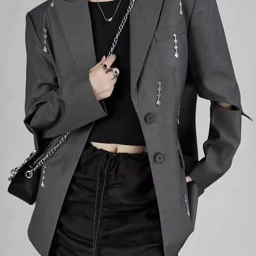 Load image into Gallery viewer, Hollow Out Patchwork Chain Chic Blazers For Women Notched Collar Long Sleeve Spliced Button Minimalist Coat Female Fashion
