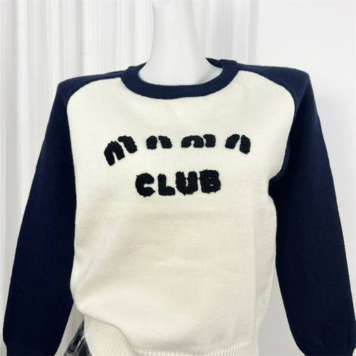 Load image into Gallery viewer, Autumn Winter Elegant Black White Colorblock Letter Embroidery Sweater Women Round Neck Long Sleeves Knit Pullover Top Versatile
