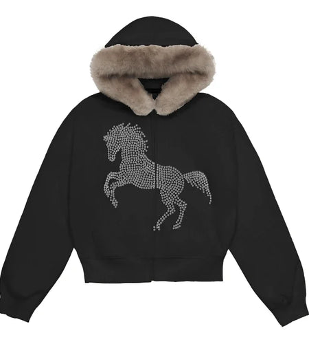 Women's Furry Hooded Jacket Y2k Hoodies Heavy Diamond Zipper Coat Streetwear Thicked Casual Fashion Sweatshirts Ropa Mujer 2024