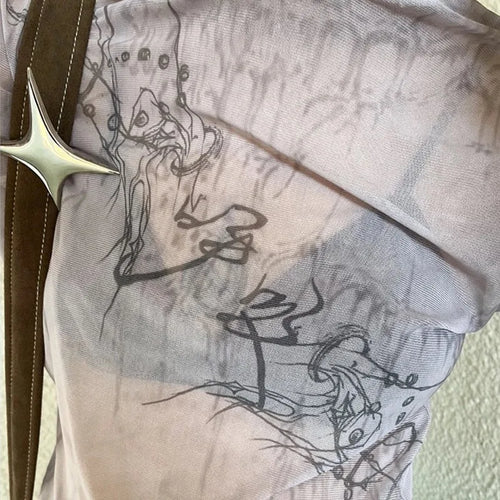 Load image into Gallery viewer, Japanese Y2k Mesh Knitted Tops Vintage Tattoo Print See Through T-shirt Grunge Aesthetics Turtleneck Sheer Tops Harajuku
