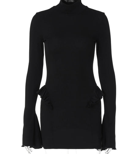 Black Turtleneck Long Flare Sleeve Ruched Sexy Bodycon Mini Prom Dress Women Elegant Outfits Birthday Party Festival