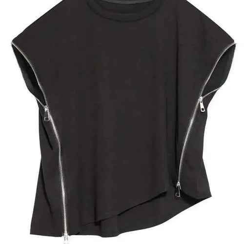 Load image into Gallery viewer, Women Black Zipper Irregular Big Size Casual T-shirt New Round Neck Sleeveless Fashion Tide Spring Summer 2025 1DF7632
