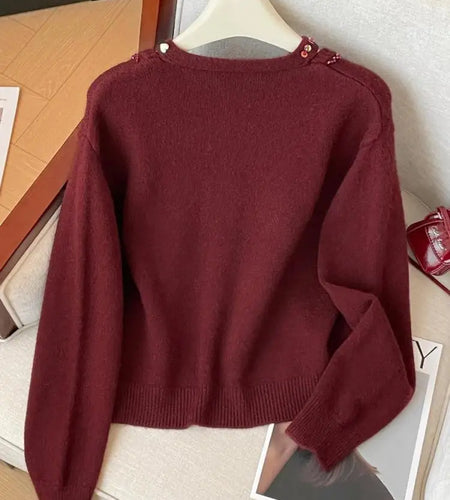 Korean Autumn Winter Beige Diamonds Long Sleeves Loose Knit Crochet Sweater Women's Red Round Neck Versatile Short Pullover Tops