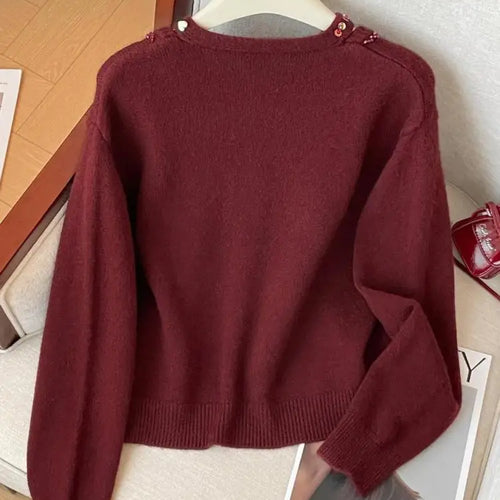 Load image into Gallery viewer, Korean Autumn Winter Beige Diamonds Long Sleeves Loose Knit Crochet Sweater Women's Red Round Neck Versatile Short Pullover Tops
