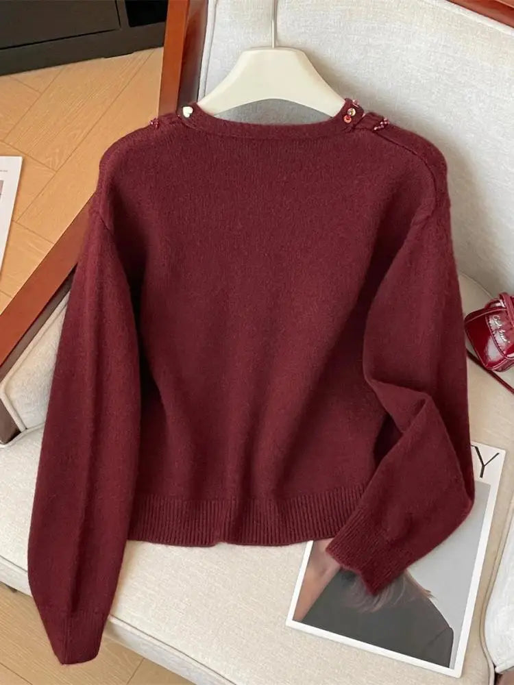 Korean Autumn Winter Beige Diamonds Long Sleeves Loose Knit Crochet Sweater Women's Red Round Neck Versatile Short Pullover Tops