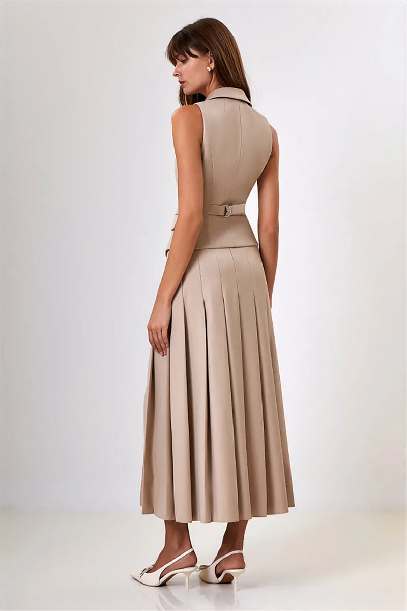 Autumn Two Piece Sets Women Double-breasted Vest And Split Skirt Matching Sets Fashion Long Pleated Skirt Two Piece Set