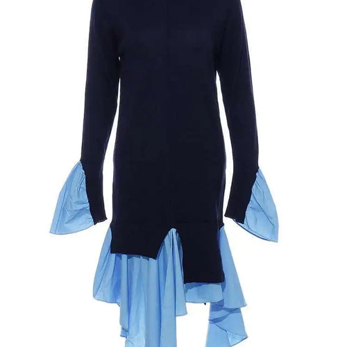 Load image into Gallery viewer, Women Blue Knitting Ruffles Irregular Elegant Dress New Turtleneck Long Sleeve Fashion Tide Spring Autumn 2025 1DH4512
