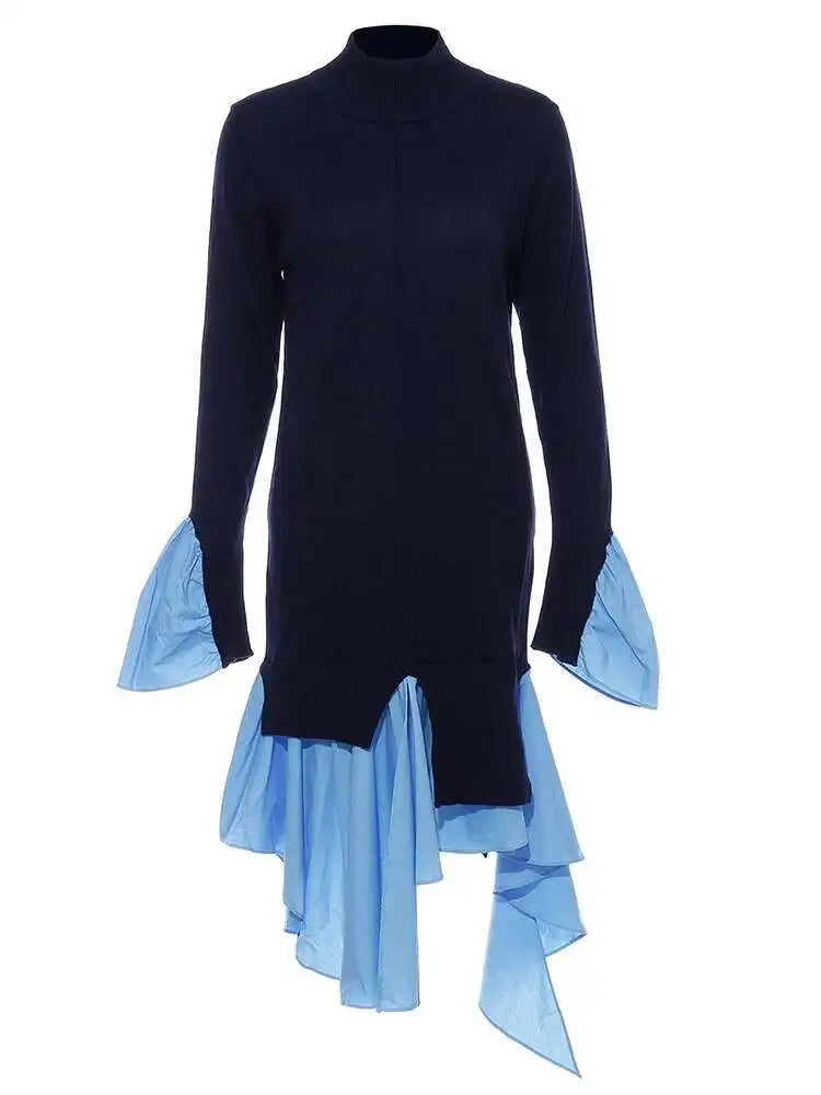 Women Blue Knitting Ruffles Irregular Elegant Dress New Turtleneck Long Sleeve Fashion Tide Spring Autumn 2025 1DH4512