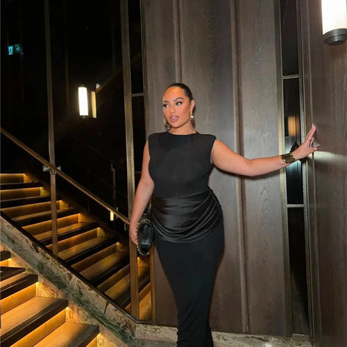 Load image into Gallery viewer, Sleeveless Ruched Sexy Maxi Dress For Women Gown Fashion Black O Neck High Waist Bodycon Club Party Long Dress Vestido
