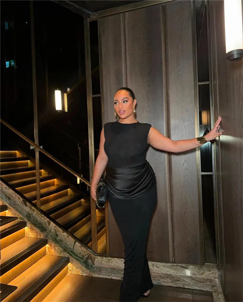 Sleeveless Ruched Sexy Maxi Dress For Women Gown Fashion Black O Neck High Waist Bodycon Club Party Long Dress Vestido