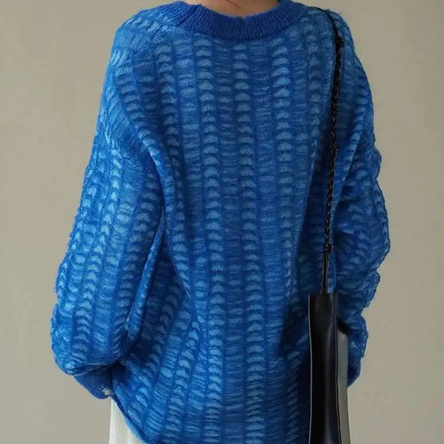 Load image into Gallery viewer, Blue Thin Hollow Out Knit Sweater Round Neck Long Sleeve Women Pullovers New Fashion Tide Spring Autumn 2025 1DH4489
