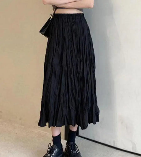 Vintage Black Elegant Elastic High Waist Long Skirts Women Streetwear Summer Fashion Korean Style Vacation White Pleated Skirt