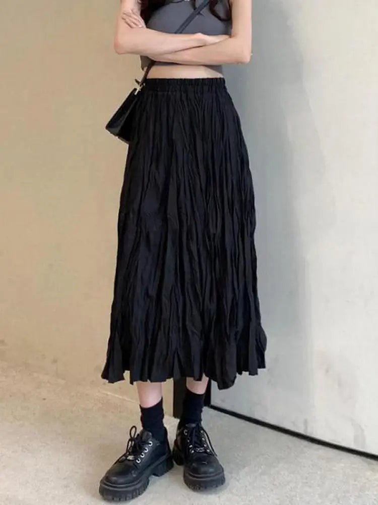 Vintage Black Elegant Elastic High Waist Long Skirts Women Streetwear Summer Fashion Korean Style Vacation White Pleated Skirt