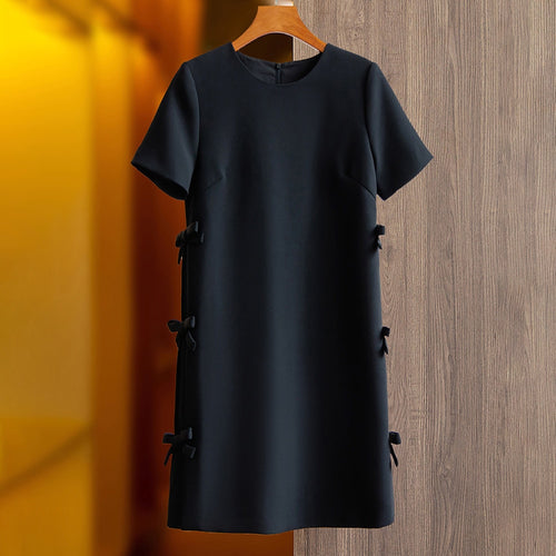 Load image into Gallery viewer, Minimalist Patchwork Bowknot Dresses For Women Round Neck Short Sleeve High Waist Loose Summer Dress Female Fashion
