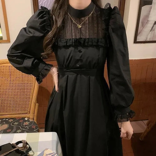 Load image into Gallery viewer, Gothic Black Lace Dress Women Casual Elegant Party Midi Ruffle Long Sleeve Dress Emo Y2k Goth Clothes Spring Robes
