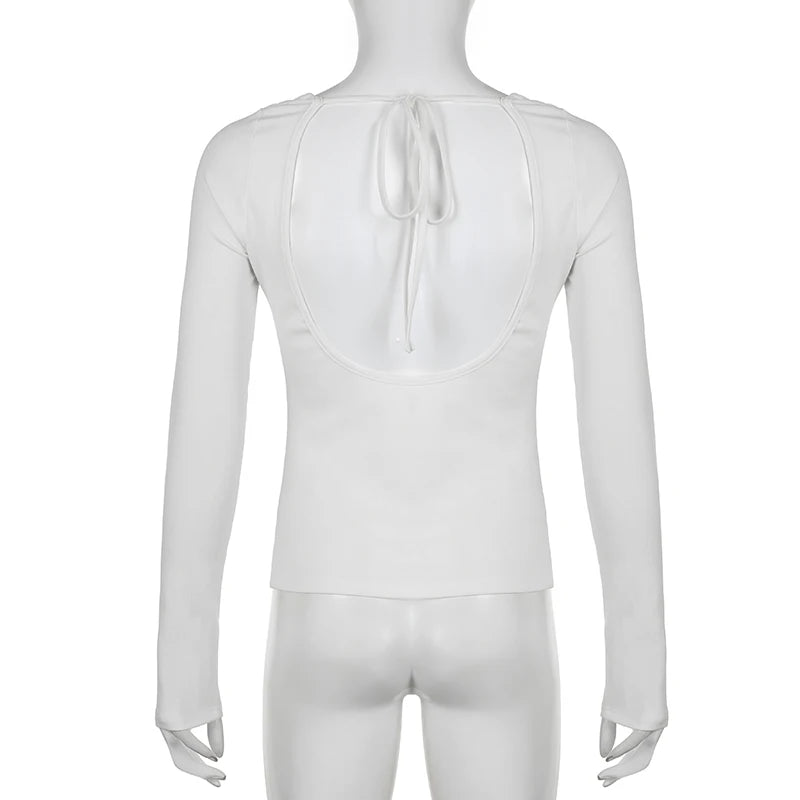 Fashion Chic Slash Neck T shirt Women Long Sleeve Slim White Elegant Autumn Tee Shirts Backless Tie Up Top All-Match