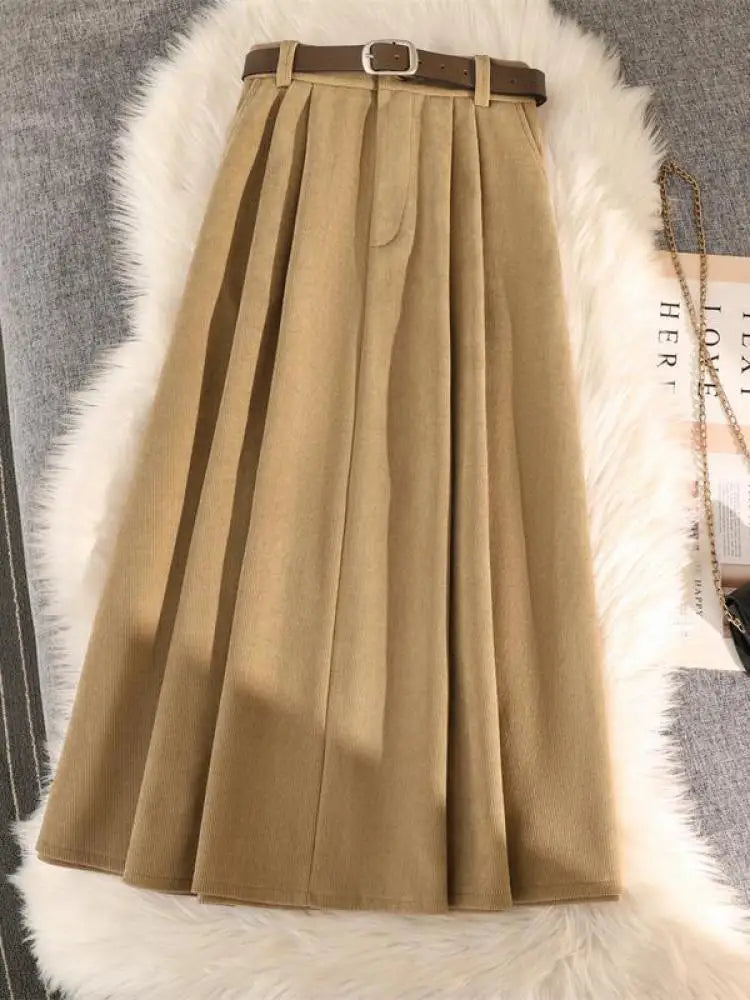 Retro Corduroy Black Pleated Umbrella Skirts For Women Autumn Winter Fashion Korean Streetwear Harajuku Brown Long Skirt Elegan