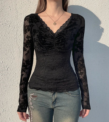 Fashion Lace Hook Flowers Black T-shirt For Women V-Neck Long Sleeve Slim Spring Bodycon Top Folds Gothic Dark Shirts